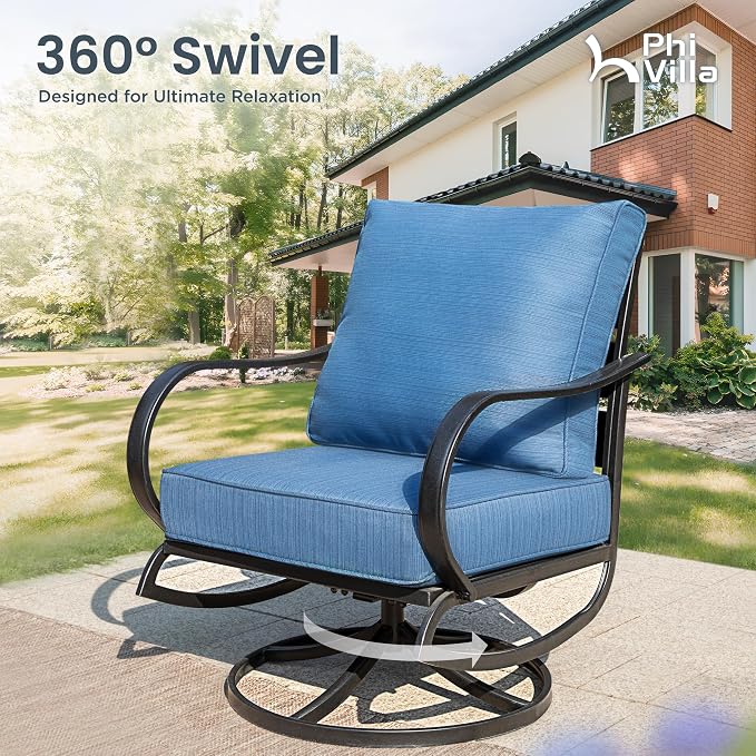PHI VILLA 8 PCS Patio Furniture Set with Fire Pit Table,Metal Outdoor Furniture with 1 x 3-Seat Bench Sofa, 2 x Swivel Sofa Chairs, 2 x Leg Chair & 2 x Ottoman, Modern Patio Set, Peacock Blue