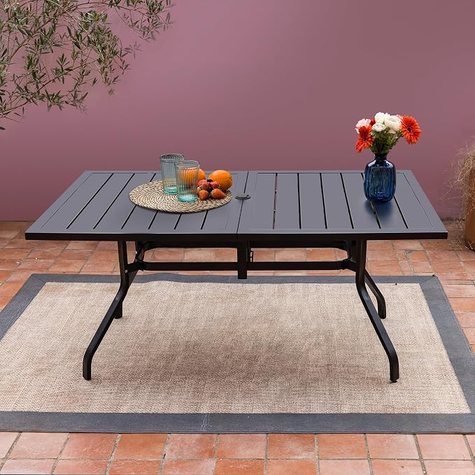 Sour Citrus 62" Rectangular Outdoor Metal Patio Dining Table for 6 with Umbrella Hole, Weather-Resistant Table for Garden, Backyard and Deck, Black