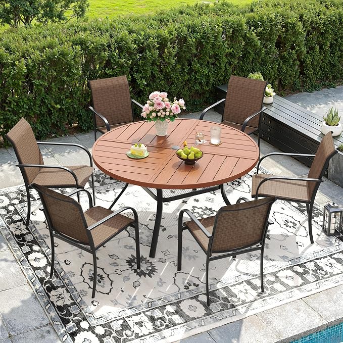 DIFY 7 Pieces Outdoor Patio Dining Set for 6, 47.2" Walnut Round Metal Dining Table and 6 Brown Stackable Sling Dining Chairs, Outdoor Table and Chairs for Lawn Garden Backyard Deck