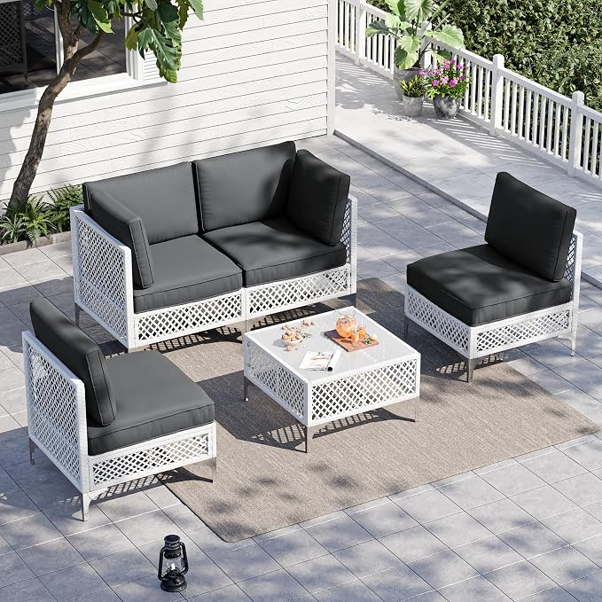 Vikiullf Patio Conversation Set, 5 Piece Outdoor Sectional Sofa Set with Coffee Table, White Wicker with Grey Cushions (White and Grey, 5 piece)