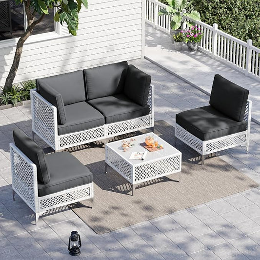 Vikiullf Patio Conversation Set, 5 Piece Outdoor Sectional Sofa Set with Coffee Table, White Wicker with Grey Cushions (White and Grey, 5 piece)