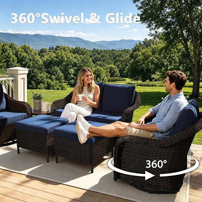 Outdoor Wicker Swivel Chair Set of 2, All-Weather Use Patio Rattan Chair with Seat and Back Cushion, Ideal for Porch, Backyard, Balcony, Poolside, Blue
