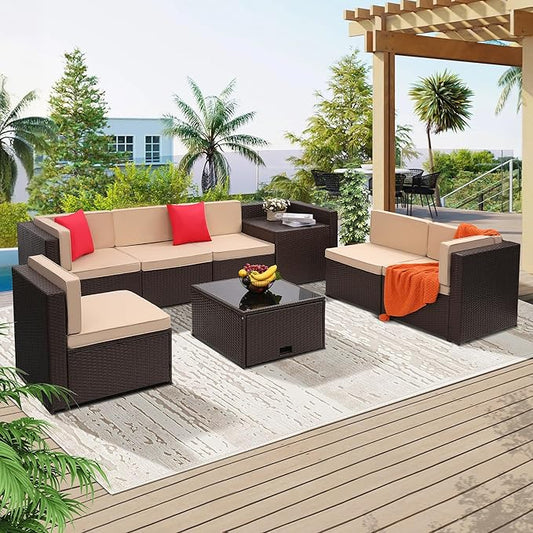 KROFEM 8 Piece Patio Furniture Set, Outdoor Modular Conversation Set, Beige | UV Treated Wickers, Machine Washable Cushions, Seats 6, 2 Hidden Storage Compartments, Rustproof Frame, Waterproof