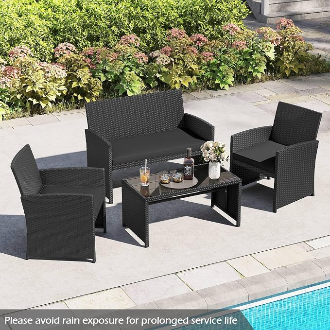 RELAX4LIFE 4-Piece Patio Furniture Set - Wicker Rattan Outdoor Sectional Sofa Set w/Glass Coffee Table, Loveseat, 2 Chairs & Soft Cushions, Bistro Conversation for Garden Porch (1, Black-Black)