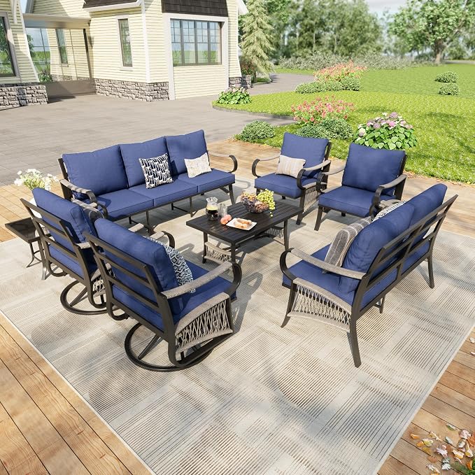 8 Pieces Patio Furniture Set, Metal Outdoor Conversation Sets with Swivel Chairs, Modern Couch Sofa Seating Group with Coffee Table and Side Table (Thick Blue Cushions)