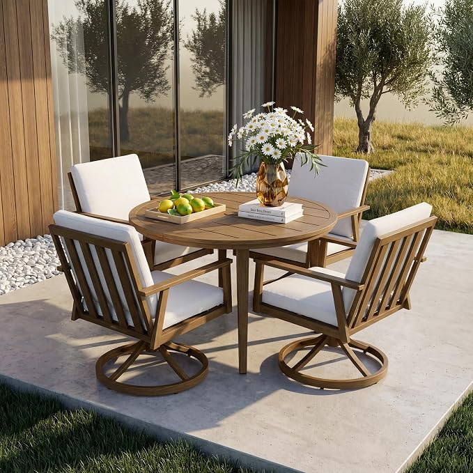 41" Round Outdoor Dining Table Set, 5-Piece Aluminum Round Outdoor Table with 4 Swivel Chairs, Faux Wood Grain Patio Table with Umbrella Hole for Garden, Backyard, Poolside, Teak