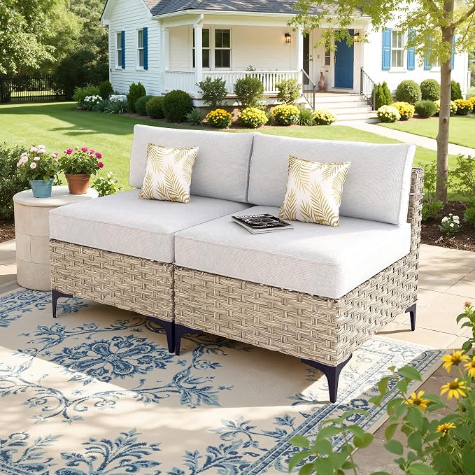 2 Pieces Patio Sectional Furniture Set, Outdoor Wicker Sectional Couch Middle Seats, Modern Conversation Set for Porch Balcony Backyard, Gray