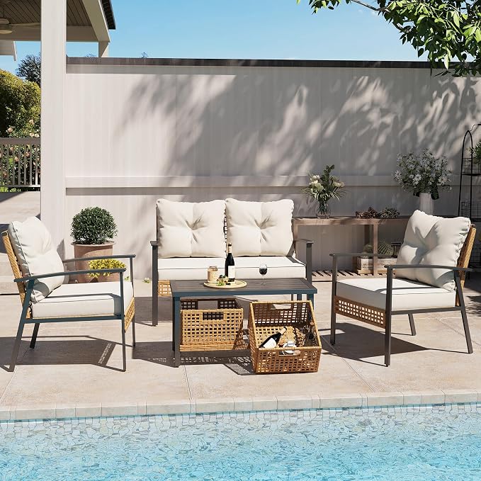 LAUSAINT HOME 6-Piece Patio Conversation Set, Luxury Oversize Patio Furniture Set with Soft Cushions and Storage Metal Coffee Table, Outdoor Furniture Sets for Backyard, Porch (with 2 Wicker Baskets)