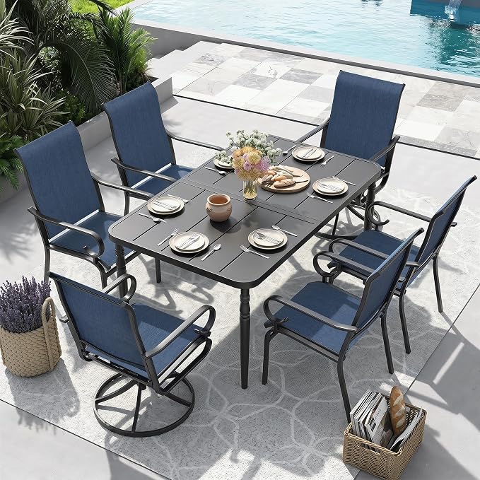 NUU GARDEN 7-Piece All-Weather Outdoor Dining Set with Umbrella Hole, Wood-Grain Table & 6 Patio Textilene Swivel Chairs Patio Outdoor Furniture for Porch, Backyard, Garden, Poolside and Deck