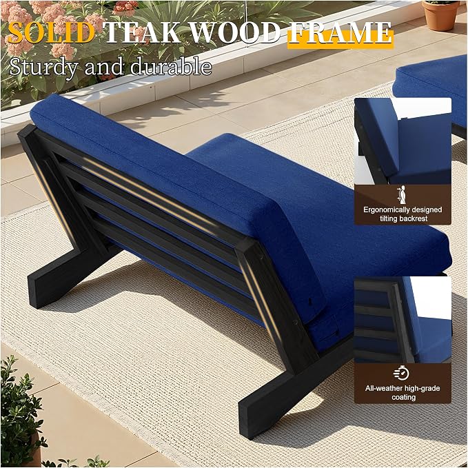 3 Piece Teak Outdoor Patio Frutnire Set, 5 Seater Patio Conversation Sets with Thick Cushions, Outdoor Sectional Furniture with Coffee Table - Navy Blue