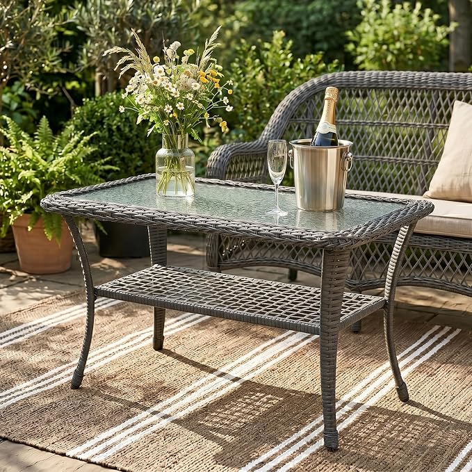 MEETWARM Wicker Patio Coffee Table, 34.5" Rectangle Outdoor Coffee Table with Tempered Glass Top and 2-Tier Storage Shelf, All-Weather Rattan Patio Side Table for Outside Poolside Deck Garden, Gray