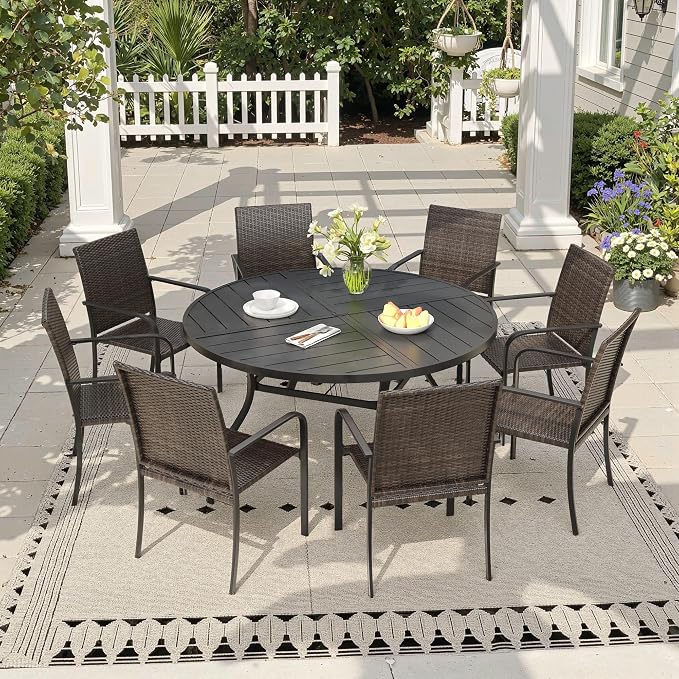 Outdoor Dining Set for 8, 53.1" Metal Round Outdoor Dining Table with Umbrella Hole and Wicker Stackable Patio Chairs, 9 Pieces Patio Table and Chairs Set for Garden Backyard, Black