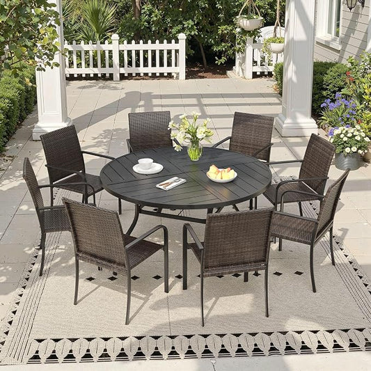 Outdoor Dining Set for 8, 53.1" Metal Round Outdoor Dining Table with Umbrella Hole and Wicker Stackable Patio Chairs, 9 Pieces Patio Table and Chairs Set for Garden Backyard, Black