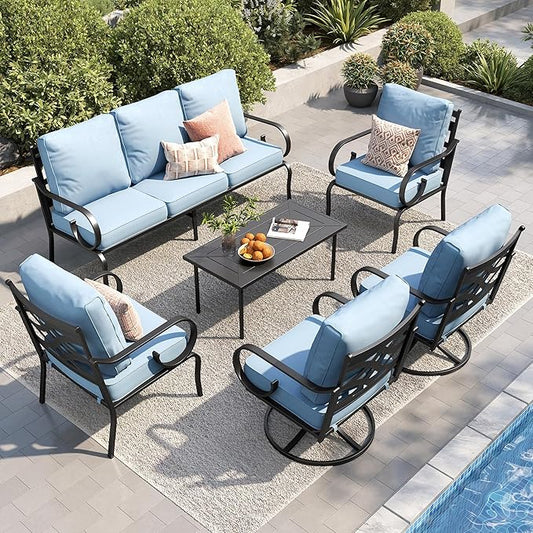 PHI VILLA Patio Furniture Set, 3-Seater Sofa, 2 Fixed Chairs, 2 Swivel Chairs and a Coffee Table, Outdoor Metal Conversation Set with 5.75" Extra Thick Cushion for Garden Backyard Deck, Blue