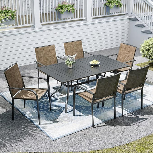 6-Piece Outdoor Dining Set with Umbrella Hole,63"x 38" Patio Table and Stackable Chairs Set for 6,Modern Garden Dining Set for Poolside Seaside Backyard