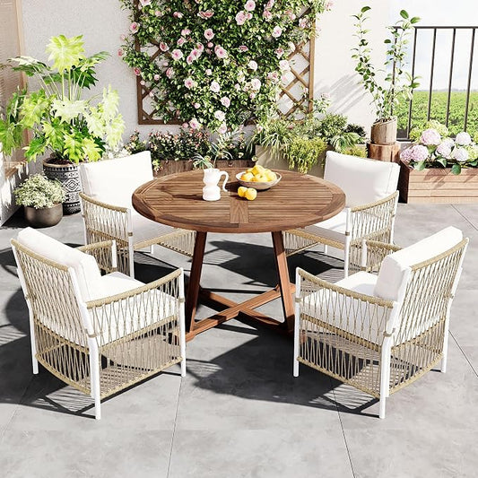 Merax 5 Piece Patio Dining Set, Outdoor Acacia Wood Extendable Round Table with 12 Inch Butterfly Leaf and 4 Rattan Arm Chairs w/Cousions & Pillows for Backyard,Balcony, Garden, Poolsid, Natural