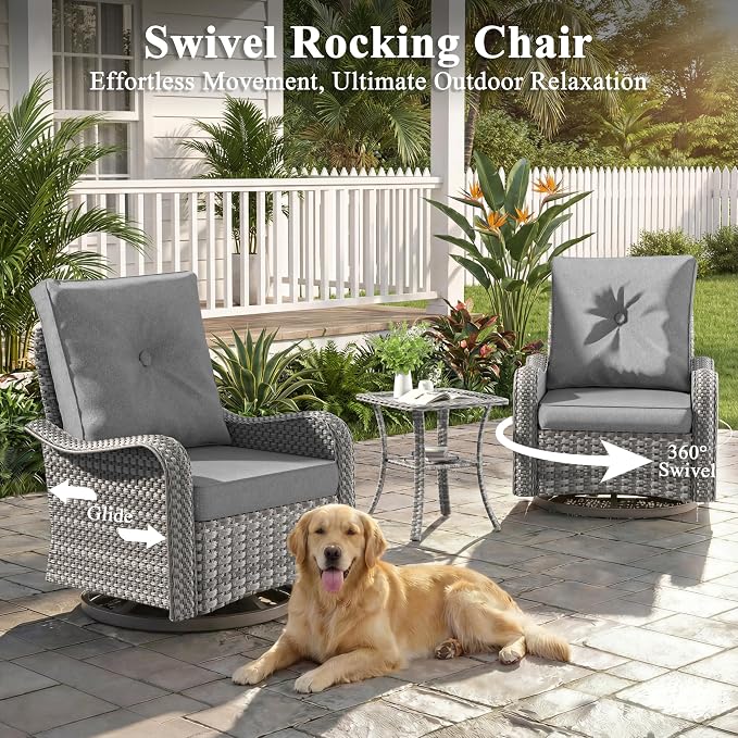 10 Piece Wicker Patio Furniture Set with 55,000 BTU Fire Pit Table, Swivel Rocking Chairs, 4''Cushions, PE Rattan, Wind Guard Glass, for Backyard, Deck or Balcony, Grey
