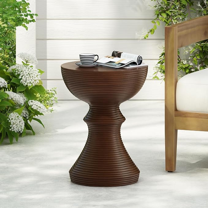 16" Ribbed Brown Concrete Outdoor Side Table with Hourglass Design – Weather-Resistant Accent for Patio, Garden, or Balcony
