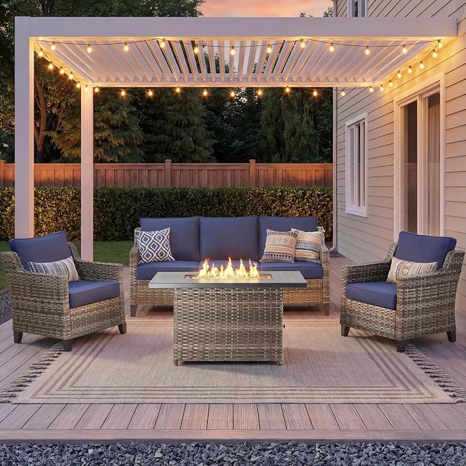 Patio Furniture Set with 42.5" Fire Pit Table-4 Pieces All Weather Wicker Outdoor Furniture with High Back Wicker Patio Chairs Set of 2 Outdoor Couch for Deck Backyard Blue/Gray