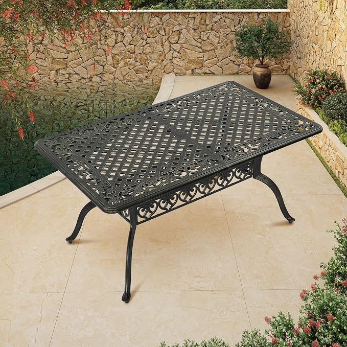 Clihome 59" Outdoor Dining Table 6-Person Cast Aluminum Patio Table with 2" Umbrella Hole Rectangle Patio Dining Table for Yard, Garden, Patio A