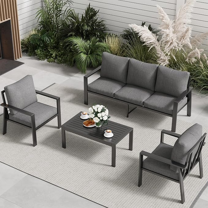 Aluminum Patio Furniture Set, 5 Seats Metal Outdoor Conversation Set Modern Sectional Sofa with Upgrade Cushion and Coffee Table