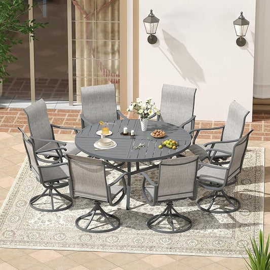 VICLLAX Patio 9 Pieces Outdoor Dining Set, 60" Round Metal Table with Umbrella Hole and 8 Swivel Textilene Chairs for Lawn, Garden, Porch, Dark Grey/Grey