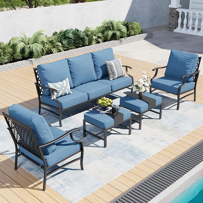 SUNSHINE VALLEY 5 Piece Metal Outdoor Patio Furniture Set, Patio Conversation Sets 1 3-seater Sofa, 2 Fixed Chair, 2 Ottomans with 5.75" Thick Cushion, Black All-weather Frame Backyard Furniture, Navy