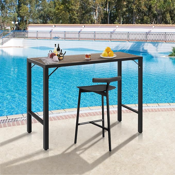 Outdoor Bar Table, 55” Patio Bar Height Table, Bar Counter Pub Dining Table with Waterproof Top for Balcony, Garden, Yard, Poolside (Brown), BTZ001-140Br