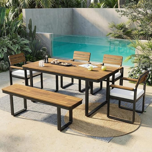 RuiSiSi 6-Piece Outdoor Dining Table Set, Acacia Wood Patio Dining Table Set with 1 Table, 4 Chairs, 1 Bench, Comfortable Cushions and Adjustable Feet for Patio, Garden, Backyard, Beige Cushion