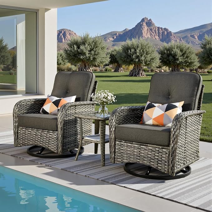 3-Piece Patio Furniture Set, Outdoor Wicker Furniture with Coffee Table, High Back Swivel Rocker Patio Chairs, Modern Rattan Outdoor Chairs Conversation Set for Porch, Balcony, Garden, Black