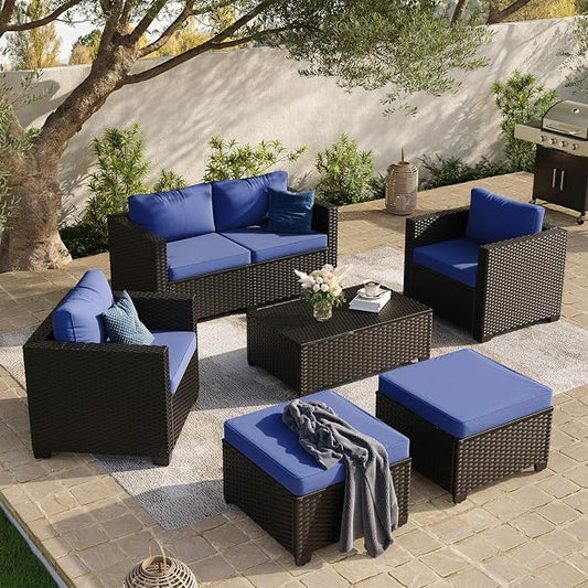 Aoxun 7 Piece Outdoor Patio Furniture Set 6 Seats, Outdoor Sectional with Thick Waterproof Cushions, Patio Conversation Sets for Garden,Backyard, Porch, Balcony, Deck, Black & Blue