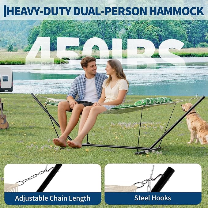 Heavy Duty Double Hammock with Adjustable Steel Stand – Quilted 2 Person Outdoor Bed with Soft Pillow – Portable for Patio, Garden, Backyard, Beach – 450 lbs Capacity – Green Banana Leaf