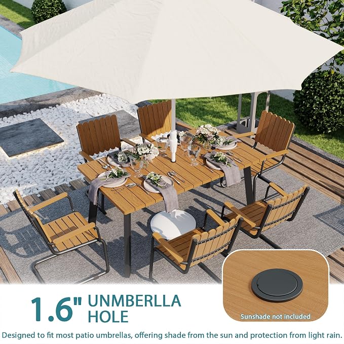 7 Piece Outdoor Conversation Set for 6, HDPE Patio Seating Set with Table and Chairs, All-Weather Outdoor Lounge Furniture with Umbrella Hole for Garden, Porch, Poolside, Gray & Teak