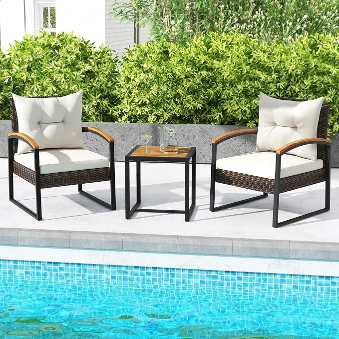 HAPPYGRILL 3 Pieces Patio Wicker Conversation Set with Acacia Wood Table, Outdoor PE Rattan Furniture Set for Poolside Backyard Lawn Garden