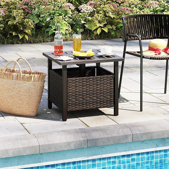 Outdoor Side Table with Umbrella Hole, Umbrella Table with Zinc-Iron Alloy Tabletop & Sturdy Galvanized Iron Frame, 22" Wicker End Table for Patio, Garden, Porch, Poolside(Mix Brown)