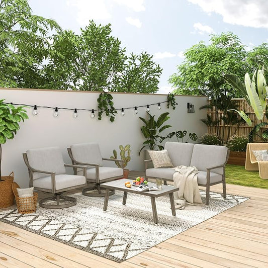 HAPPATIO 4-Piece Patio Furniture Set - Outdoor Aluminum Patio Conversation Set Includes 1 Loveseat, 2 Swivel Chairs, and 1 Coffee Table, Perfect for Porch, Deck, Garden, (Grey)