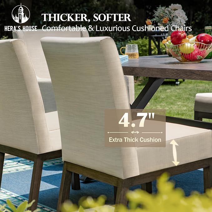 HERA'S HOUSE 5-Piece Patio Dining Set, 4 Metal Cushioned Chairs, Beige | 44" round wood-look metal table, Umbrella hole, E-coated and powder-coated steel frame, All-weather design