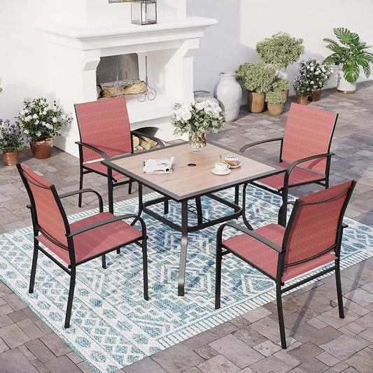SUNSHINE VALLEY 5 Piece Patio Dining Set for 4, 37'x37' Square Table with Umbrella Hole and 4 Metal Chairs, Outdoor Table and Chairs Set for Lawn, Backyard and Deck, Red