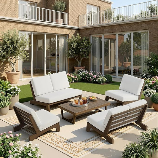 5 Pieces All Weather Wood Patio Furniture Sets, 2 Patio Loveseat, 2 Patio Bistro Chair, Outdoor Sectional Sofa Furniture Backyard Conversation Set with Coffee Table - Beige