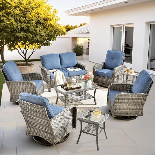 ovios 8-Piece Patio Furniture Set, Outdoor Wicker Sofa with Swivel Chairs Coffee Table, High Back Rattan Couch Loveseat with Comfy Cushions for Porch Yard Deck, Denim Blue