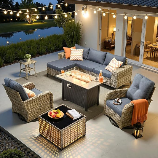 ovios 9-Piece Patio Furniture Set with L-Shape Sofa Chaise, Outdoor Sectional Couch Swivel Gliders Fire Pit Table Solar Table, Modern Modular Wicker Rattan Conversation Set, Denim Blue
