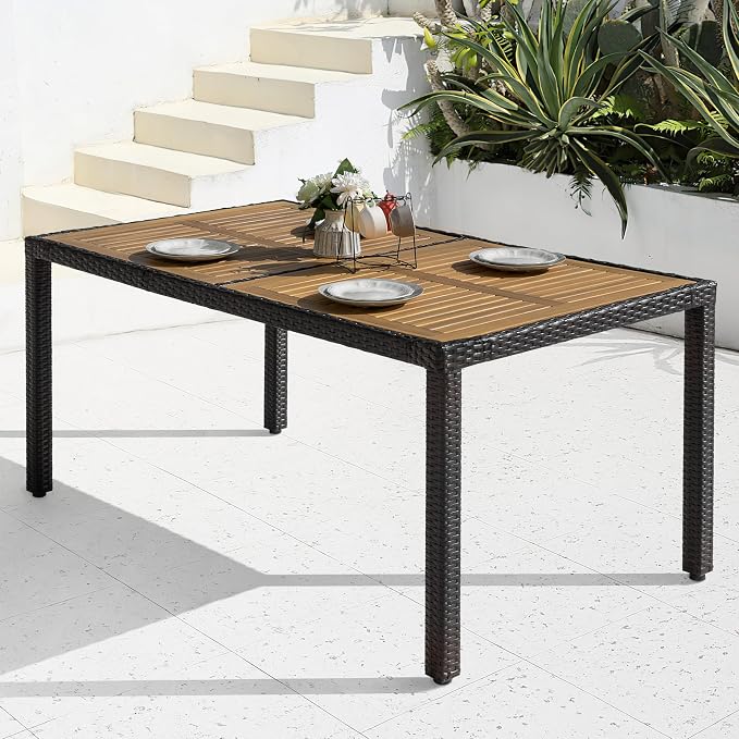 NUU GARDEN 59 x 35 Inch Outdoor Patio Dining Table for 6, Acacia Wood Slatted Tabletop with Rattan Wrapped Metal Frame, All Weather Outdoor Table for Garden Backyard Lawn, Black