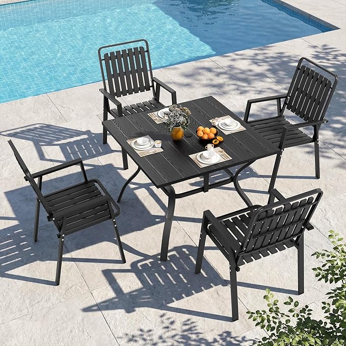 Outdoor Dining Set for 4, Patio Table and Chairs Set with 1.97'' Umbrella Hole, 5pcs Patio Furniture Set 37.8”x37.8” Black Dining Table Set for Porch Deck Backyard Pool