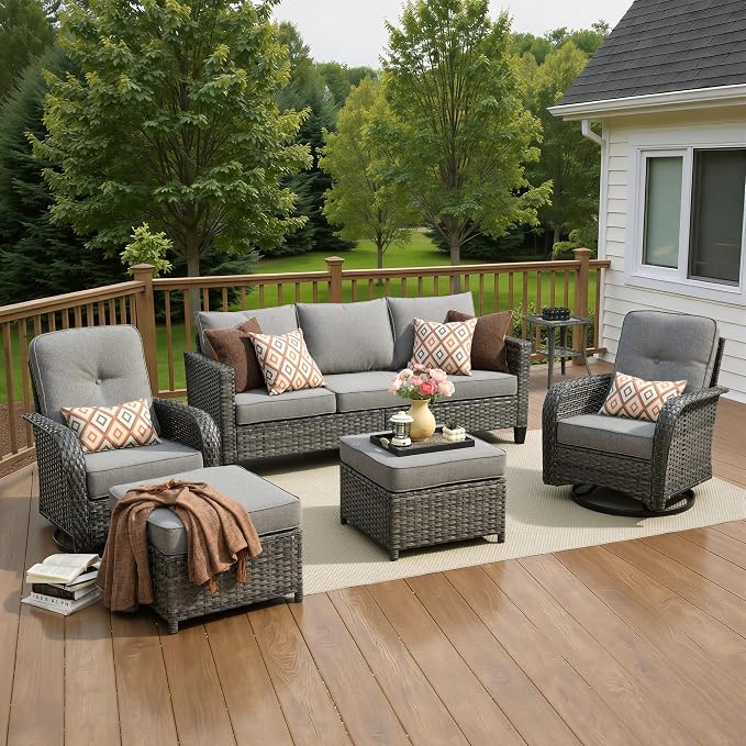 6 Piece Wicker Patio Furniture with Swivel Rocker Chair, Dark Gray | High Back Swivel Rocker Chairs, Outdoor Sofa Ottoman, Heavy Duty, All Weather Rattan Modern Conversation Sets, Deck Backyard