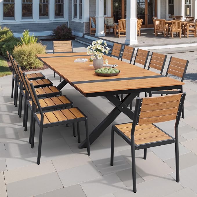 Pellebant 13 Piece Patio Table and Chairs Set, Aluminum Outdoor Dining Set with Umbrella Hole, 118" Dining Table & Stackable Chairs, Weather Resistant Teak Wood Grain Finish for Deck, Porch, Backyard