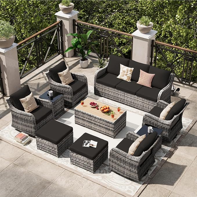 MEISSALIVVE Patio Furniture Set with Swivel Rocking Chairs, 10 Pieces Patio Conversation Set, Outdoor Wicker Sofa Couch with Waterproof Cushions for Lawn Backyard Porch (Black)