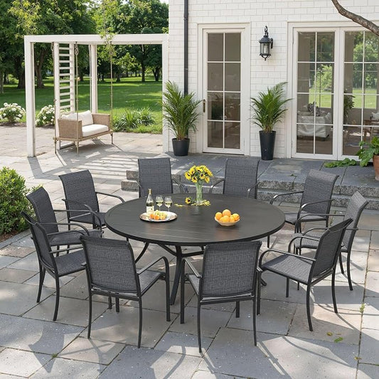 VICLLAX 11 Pieces Patio Outdoor Dining Set, 60" Round Metal Table with Umbrella Hole and 10 Stackable Textilene Chairs for Patio, Lawn, Garden, Porch, Black/Grey