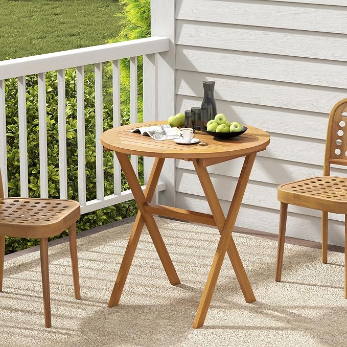 HAPPYGRILL Folding Acacia Wood Patio Table, Round Outdoor Bistro Table 26”, Outside Wooden Coffee Side Table for Porch Balcony Garden and Backyard (2)