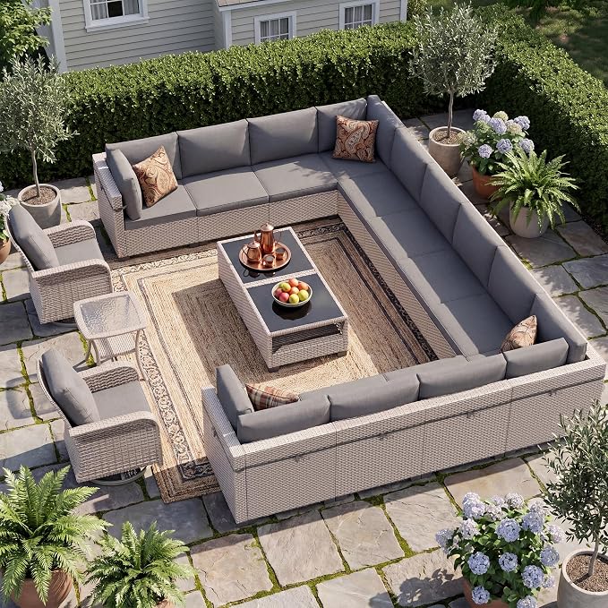 Patio Furniture Set, 17-Piece Outdoor Sectional Sofa with Swivel Rocker Chairs & 2-Layer Glass Coffee Table, Wicker Patio Conversation Set with Gray Cushions