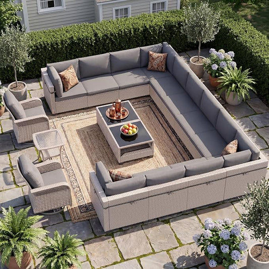 Patio Furniture Set, 17-Piece Outdoor Sectional Sofa with Swivel Rocker Chairs & 2-Layer Glass Coffee Table, Wicker Patio Conversation Set with Gray Cushions